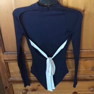 Navy Ribbed Mockneck Open Back Bodysuit